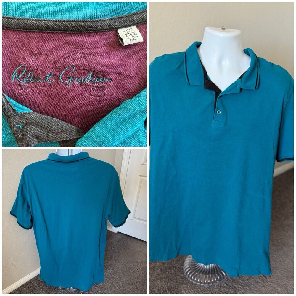 Robert Graham Pique Polo Short Sleeve Shirt Turquoise Classic Fit 2XL